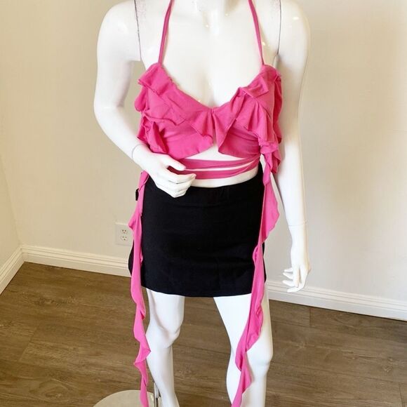 Dolls Kill Tops - I’m a Slave 4 U Britney Inspired Pink Cropped Halterneck Tank Top Jellyfish Ties